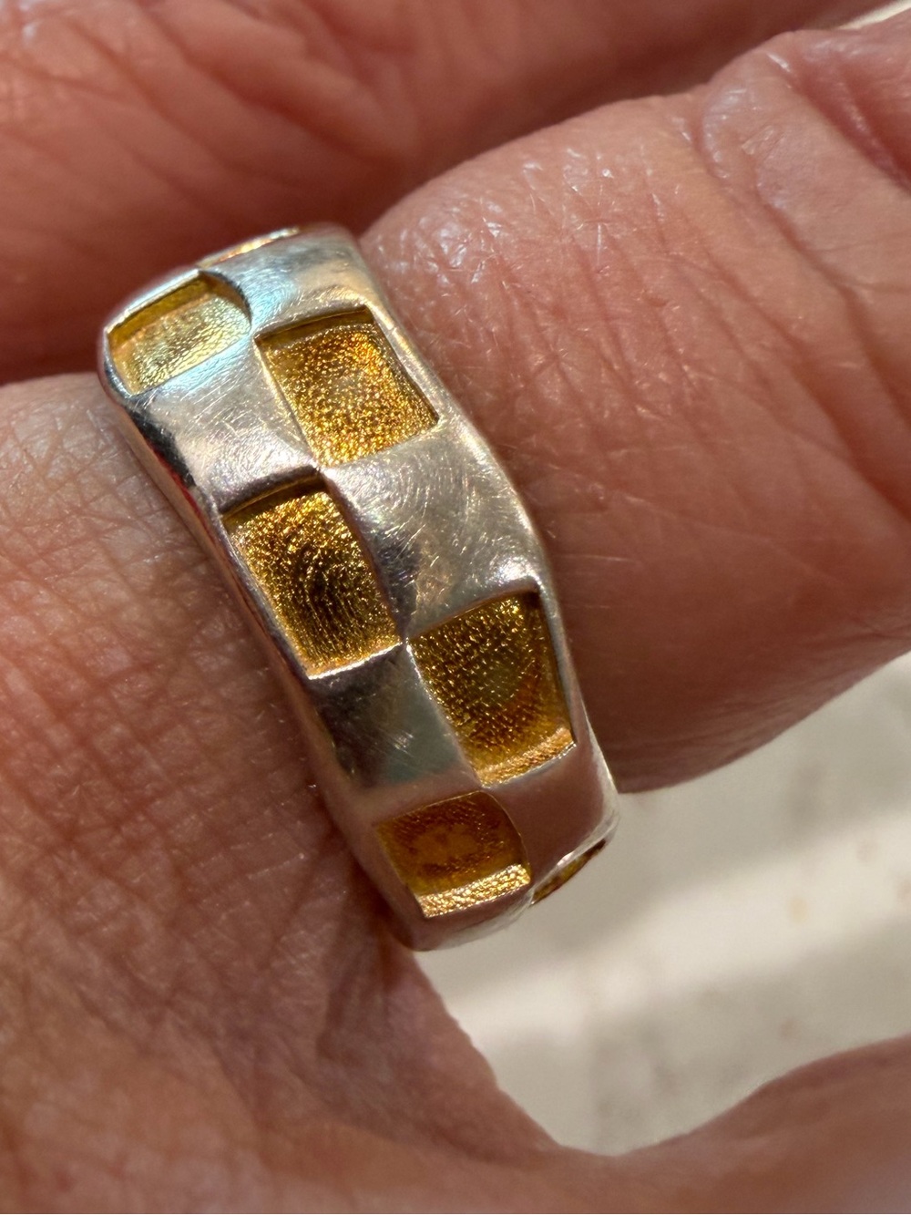 925 Sterling Silver Checkerboard Two-Tone Ring - Size 5.5